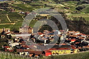 Langhe - View of the town of Barolo and its vineyards.