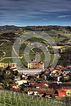 Langhe - View of the town of Barolo and its vineyards.