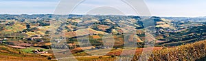 Langhe vineyards hills panoramic autumn landscape. Viticulture Piedmont, Italy, Unesco heritage.