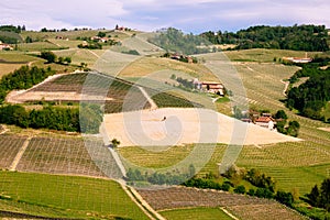 Langhe vineyards landscape. Springtime. Viticulture near Barolo, Piedmont, Italy, Unesco heritage. Dolcetto, Barbaresco win