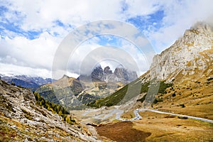 The Langkofel Group in italian: Gruppo del Sassolungo the massif mountain in the western Dolomites. photo