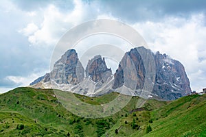 Langkofel or Sassolungo massif in Dolomites. Italy, Trentino Alto-Adige