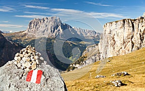 Langkofel, tourist sign, Italian dolomities mountains