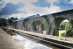 Langollen Canal at Chirk Train Passes on Viaduct