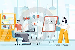 Language courses concept in flat design. Student in lesson at classroom scene. Man studying English, French, Japanese, listening