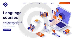 Language courses isometric landing page. Studying at language school isometry concept. Online education, distance learning 3d web