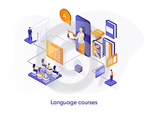 Language courses isometric web banner. Online language tutors, teaching service isometry concept. E-learning platform 3d scene,