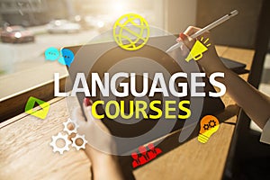 Language courses, Online learning, English shool, E-learning concept on virtual screen.