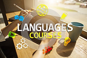 Language courses, Online learning, English shool, E-learning concept on virtual screen.