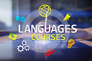 Language courses, Online learning, English shool, E-learning concept on virtual screen.