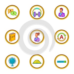 Language learn icons set, cartoon style