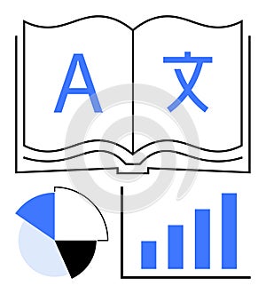 Language Learning and Data Analysis Concept with Open Book, Pie Chart, and Bar Graph