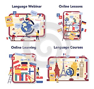 Language learning online service or platform set. Study foreign