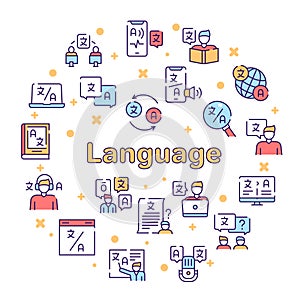 Language learning outline icons set