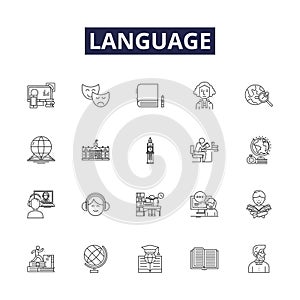 Language line vector icons and signs. Language, Verbal, Vocabulary, Dialect, Lingual, Grammar, Semantics, Communication photo