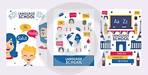 Language school banner, vector illustration. Education course book cover, international speaking class advertisement