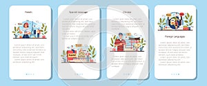 Language school mobile application banner set. Professor teaching