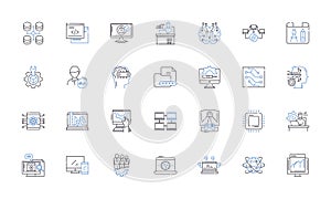 Language software line icons collection. Multilingual, Translation, Interpretation, Fluency, Vocabulary, Grammar photo