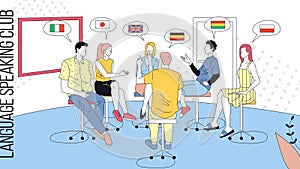 Language Speaking Club Concept Illustration, Flat Style. Linear Vector Composition Of People Communicating, Learning