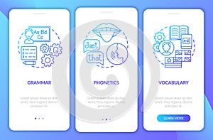 Language study categories onboarding mobile app page screen with concepts