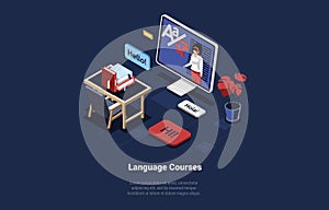 Language Study Courses Vector Illustration In Cartoon 3D Style On Dark Background. Conceptual Isometric Design With