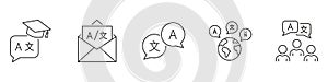 Language Translation And Communication Icon Set. Multilingual Education, Global Communication, And Language Learning