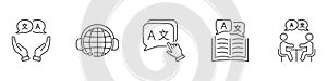 Language Translation And Communication Icon Set. Multilingual Support, Global Communication, And Language Learning
