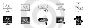 Language Translation Interface Line And Solid Icon Set. Multilingual Communication And Translation Tools Symbol