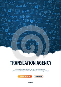 Language Translator banner with hand-draw doodle on the background. Concept of translating agency and interpreting.