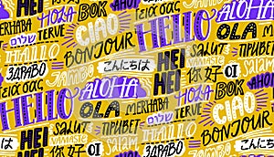 Languages pattern. Word hello in english, spanish hola, french bonjur. International background with chinese nihao photo