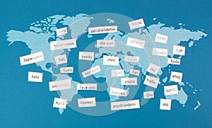 Languages and world map, word hello in different language spoken in Europe, concept of multilingual business and community