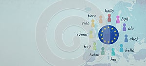 Languages and world map, word hello in different language spoken in Europe, concept of multilingual business and community photo