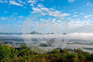 Lanscape riverside of Mae Khong river and mountain views border of Thailand and Laos at Pak Chom District in Loei province,