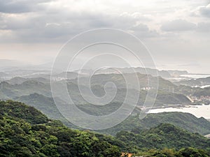 Lanscape view of Jiufen village, mountain and sea view.