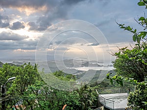 Lanscape view of Jiufen village, mountain and sea view.