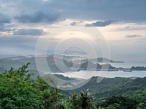 Lanscape view of Jiufen village, mountain and sea view.