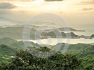 Lanscape view of Jiufen village, mountain and sea view.