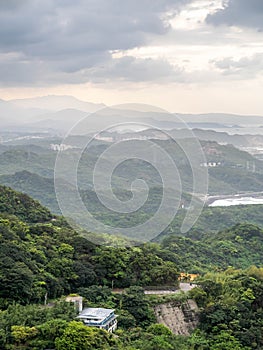 Lanscape view of Jiufen village, mountain and sea view. photo