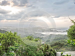 Lanscape view of Jiufen village, mountain and sea view. photo