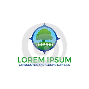 Lanscaping and fencing supply logo template with tree and fence illustration