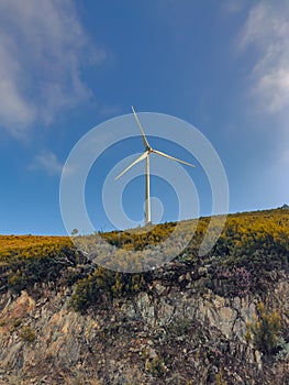 Lansdcape with wind turbines. Renewable energy on the middle of Serra da Arada Arouca Geopark, in center of Portugal