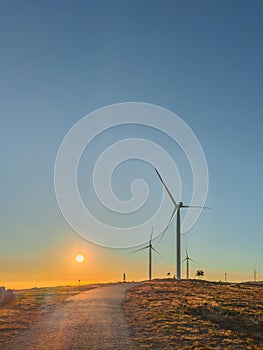 Lansdcape with wind turbines. Renewable energy on the middle of Serra da Freita Arouca Geopark, in center of Portugal