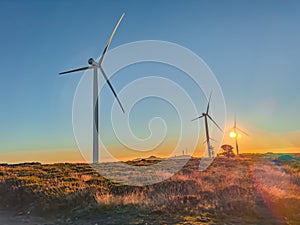 Lansdcape with wind turbines. Renewable energy on the middle of Serra da Freita Arouca Geopark, in center of Portugal