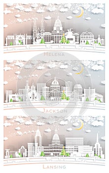 Lansing Michigan, Jackson Mississippi and Helena Montana City Skyline Set in Paper Cut Style