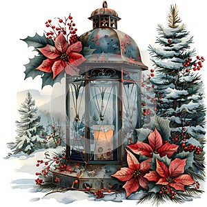 A lantern adorned with poinsettia flowers and berries for Christmas decoration