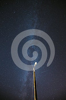 Lantern On Background Night Starry Sky With Bright Stars And Meteoric Track Trail