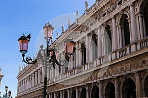 Lantern in building background on piazza San Marco in Venice, Italy.