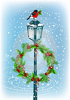 Lantern with bullfinch and Christmas wreath