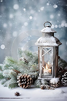 Lantern with burning candle, pine cones and spruce branches on wooden board surface.