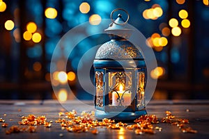 Lantern with burning candle on wooden table against blurred lights background